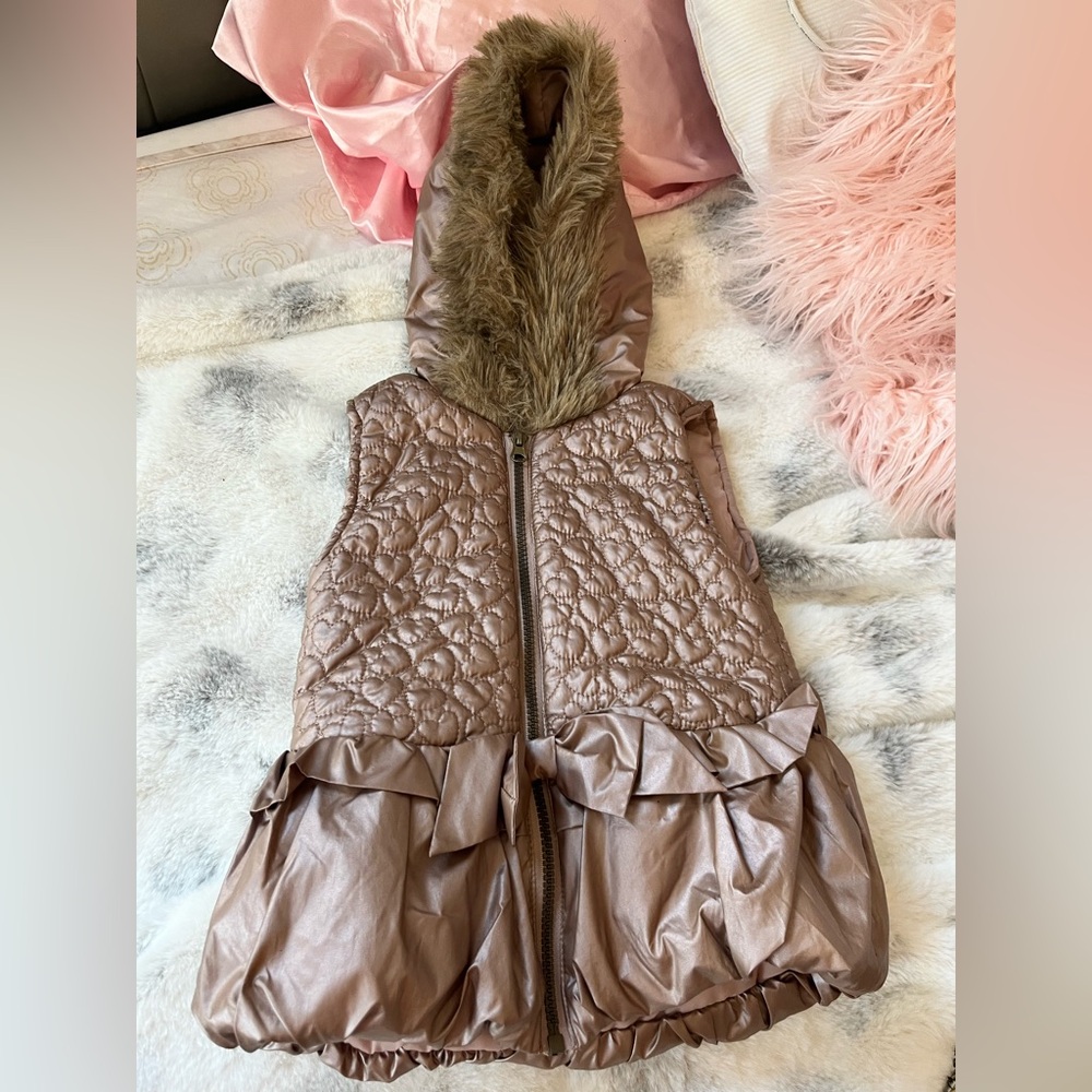 Little Lass Metallic Brown Quilted Hooded Puffer Vest with Faux Fur Trim